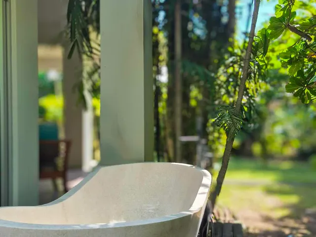 Stone outdoor bath among the palms