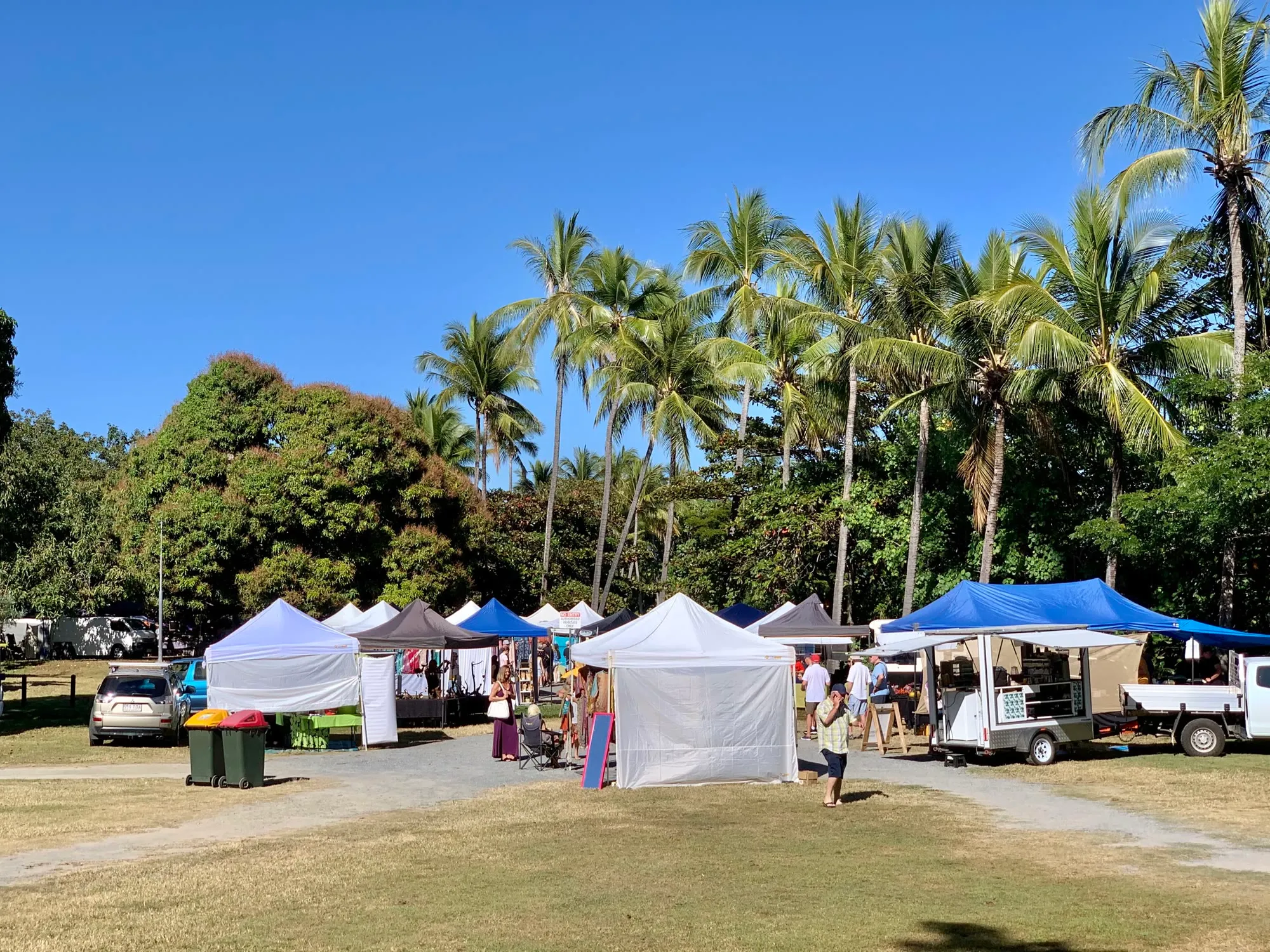 Market stalls under the palms in Anzac Park, Port Douglas